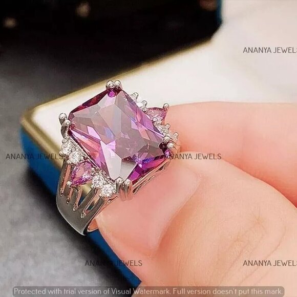 Stunning 4Ct Lab Grown Pink Sapphire Engagement Ring in 14K White Gold Plating - Picture 4 of 5